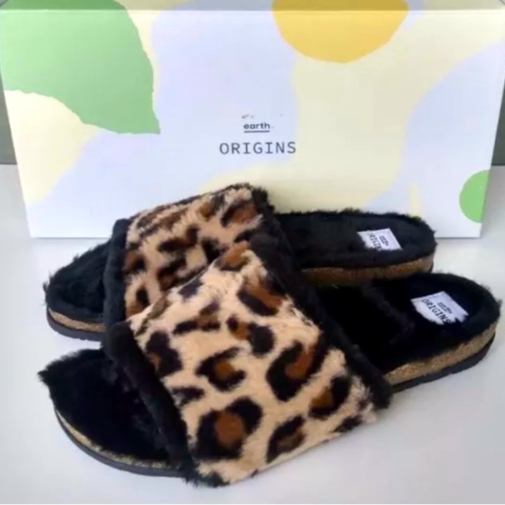 Earth Origins OLLI Women's Brown Leopard Faux Fur Slide Sandals Size 6 NIB